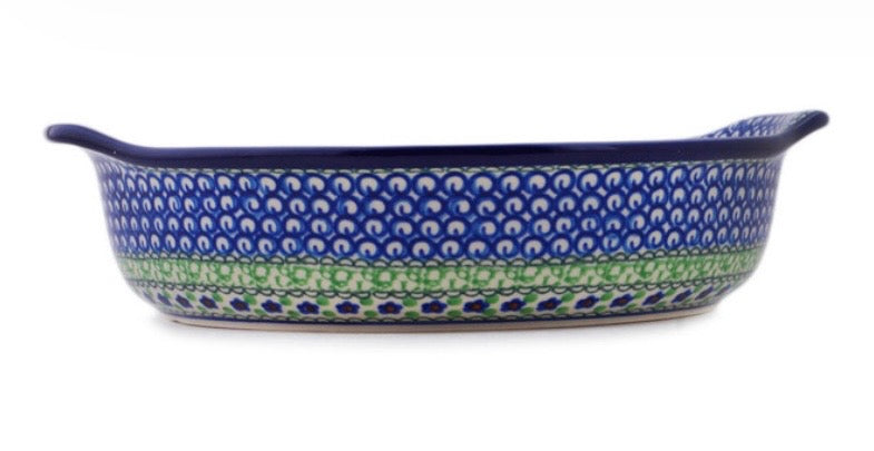 Ceramika Artystyczna, U408A, Green Pansies, Large Round Baker with Handles