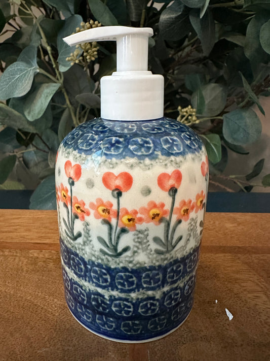 Ceramika Artystyczna Polish Pottery, Peach Spring Daisy, Soap/Lotion Dispenser
