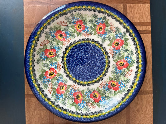 Kalich Polish Pottery, Unikat Art Level 1, Red Poppy & Teal Echo Bloom, 10.5" Dinner/Serving Plate