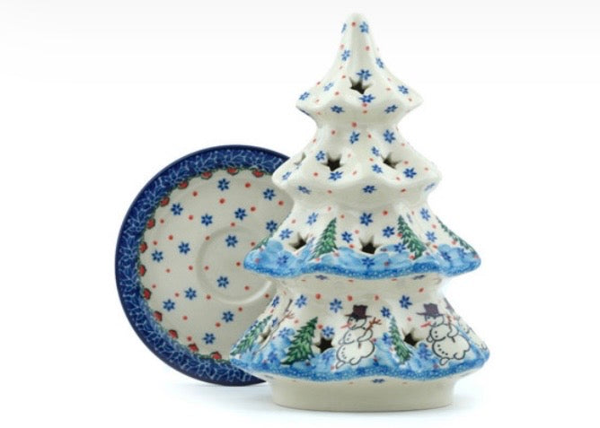 Ceramika Artystyczna, U4661 Dancing Snowman, Luminary Christmas Tree 8"