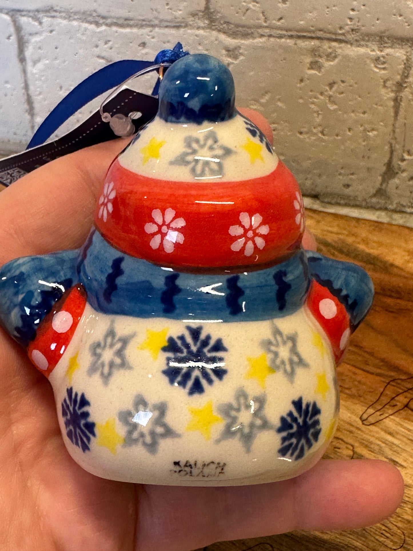 Kalich, White Hat with Red Band, Blue Striped Scarf, Snowman Ornament