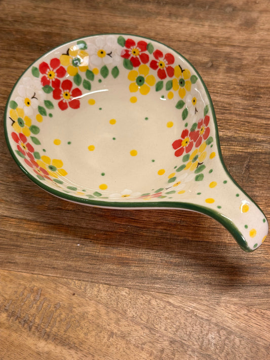 Ceramika Artystyczna Polish Pottery, Red, Yellow, White Floral Condiment Dish/Spoon Rest