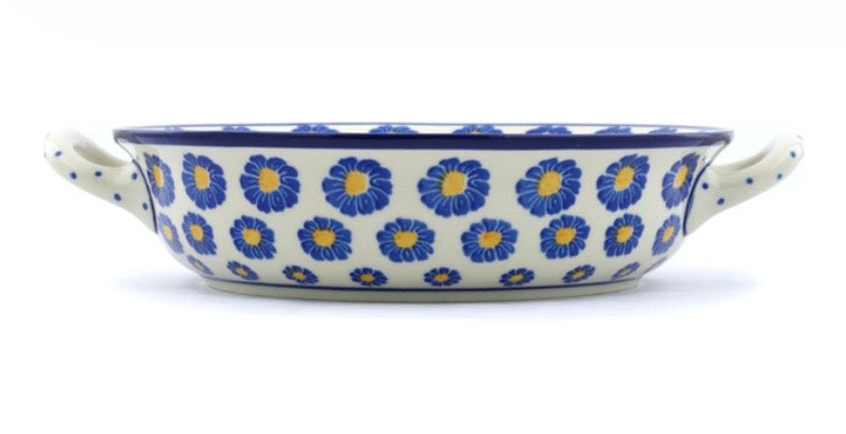 Ceramika Artystyczna, Blue Zinnia, Medium Round Baker with Handles