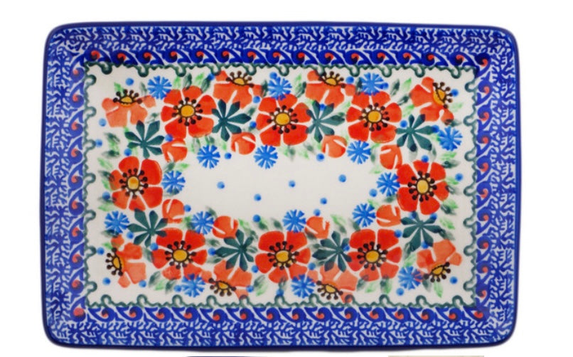 Ceramika Artystyczna Polish Pottery, Unikat Orange Blooms, Sushi Tray