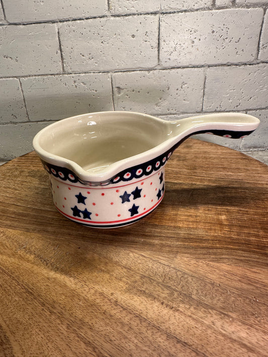 Zaklady Polish Pottery, Red, White, Blue Star, Gravy/Melting/Serving Pot, Preowned