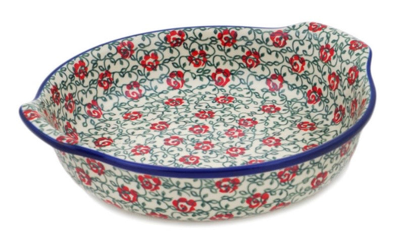 Ceramika Artystyczna,  Unikat 539,  Rose Vines, Round Baker with Handles 10.25"