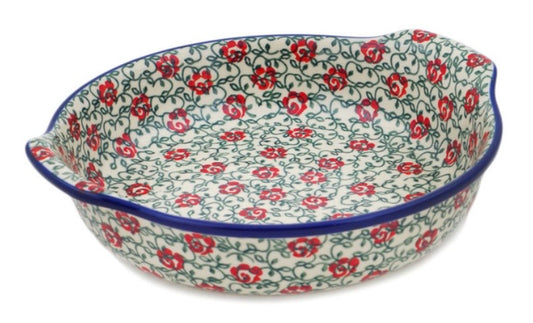 Ceramika Artystyczna,  Unikat 539,  Rose Vines, Round Baker with Handles 10.25"
