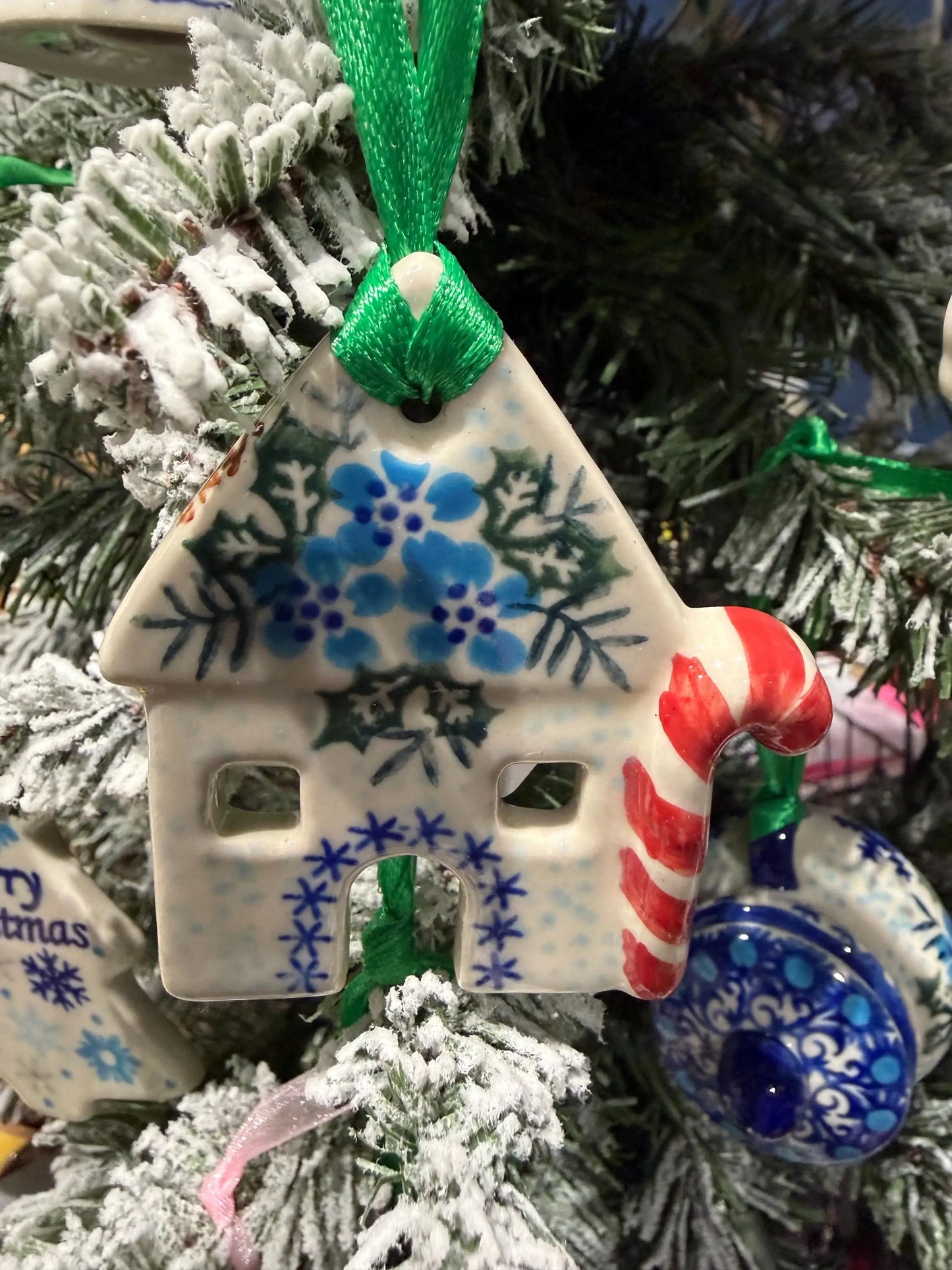Vena Polish Pottery Ornament-House with Candy Cane