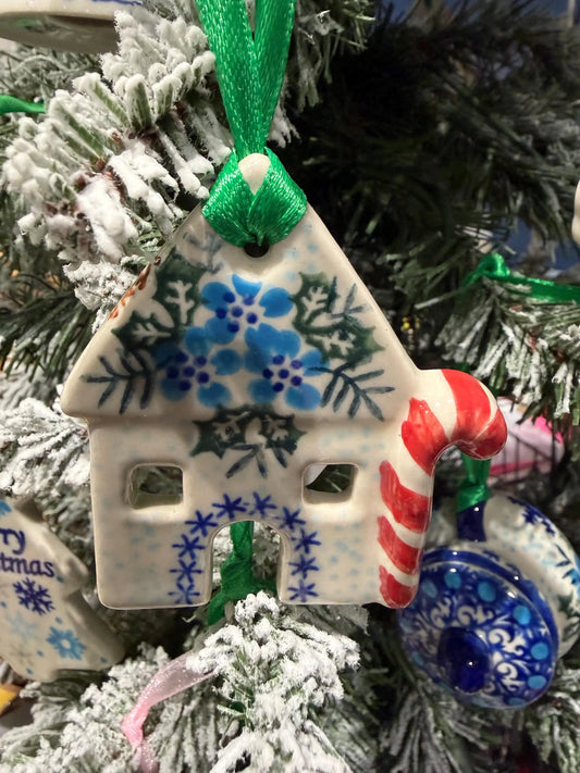 Vena Polish Pottery Ornament-House with Candy Cane
