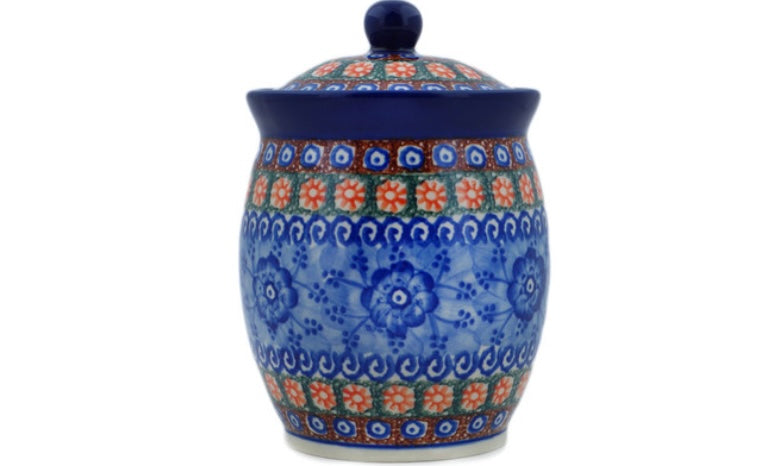 Ceramika Artystyczna Polish Pottery, Unikat Dancing Blue Poppies Jar with Lid