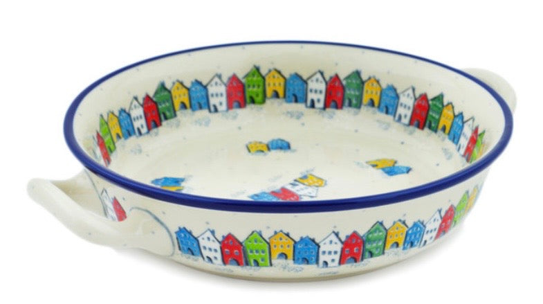 Ceramika Artystyczna, Village In Spectrum, Medium Round Baker with Handles