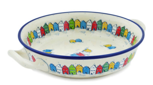 Ceramika Artystyczna, Village In Spectrum, Medium Round Baker with Handles