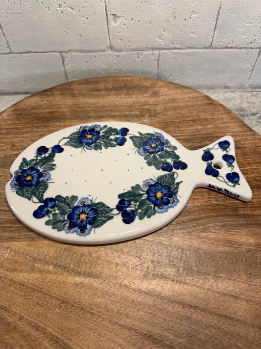 W.R. Polish Pottery, Blue Flowered, Fish Shaped Cutting Board