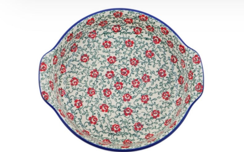 Ceramika Artystyczna,  Unikat 539,  Rose Vines, Round Baker with Handles 10.25"