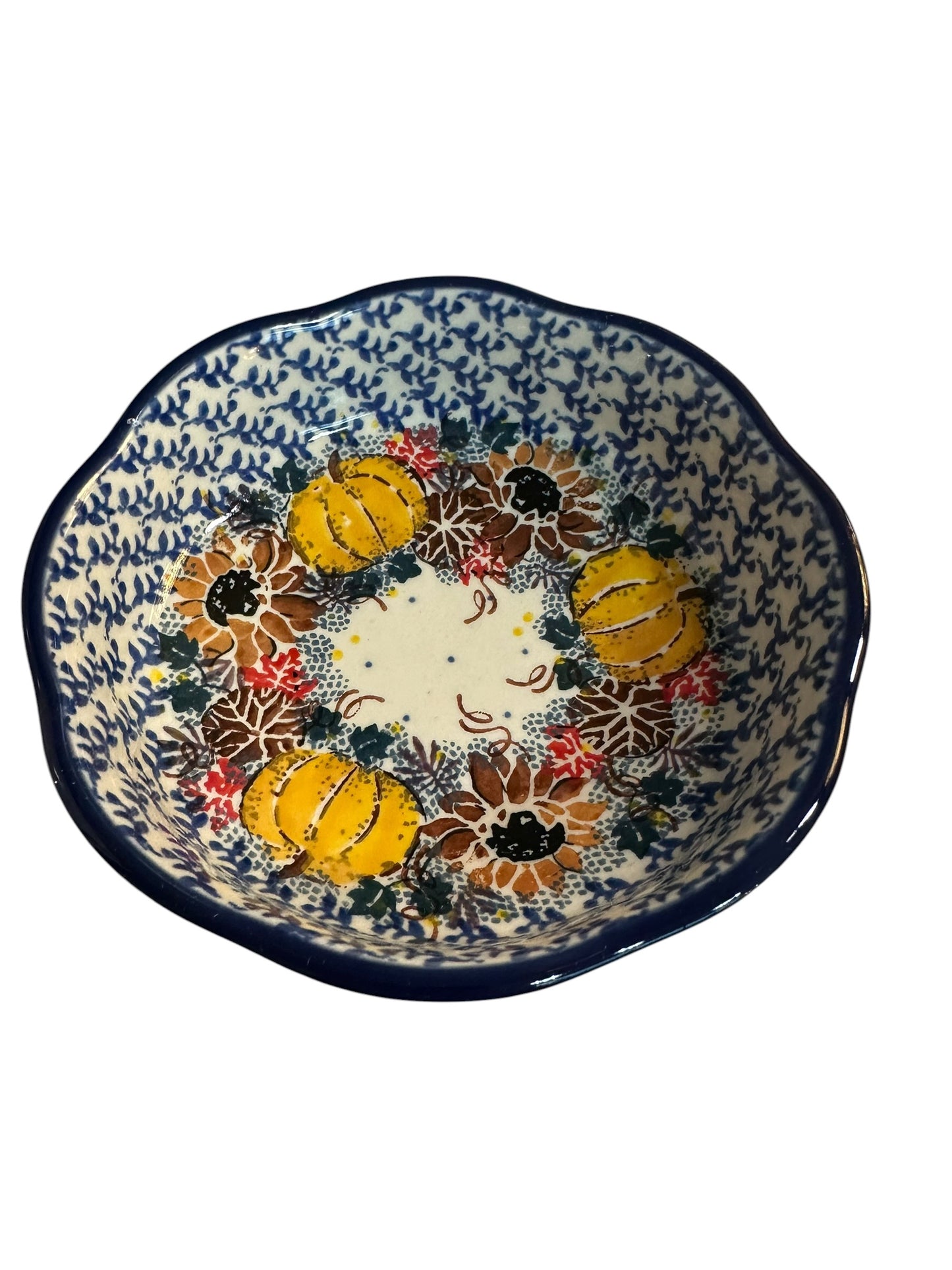 Ceramika Artystyczna, U4741 Autumn Falling Leaves, Scalloped Bowl 6"
