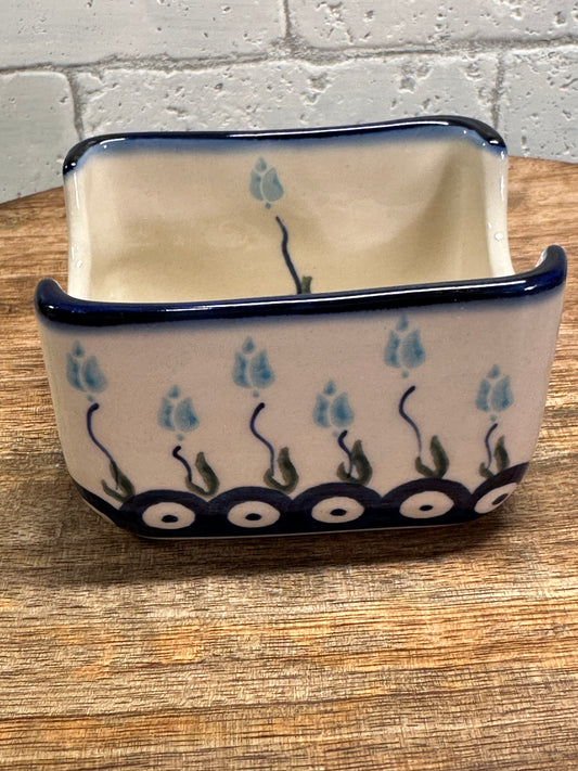 Ceramika Bona Polish Pottery, Blue Tulip Business Card/Sugar Packet Holder