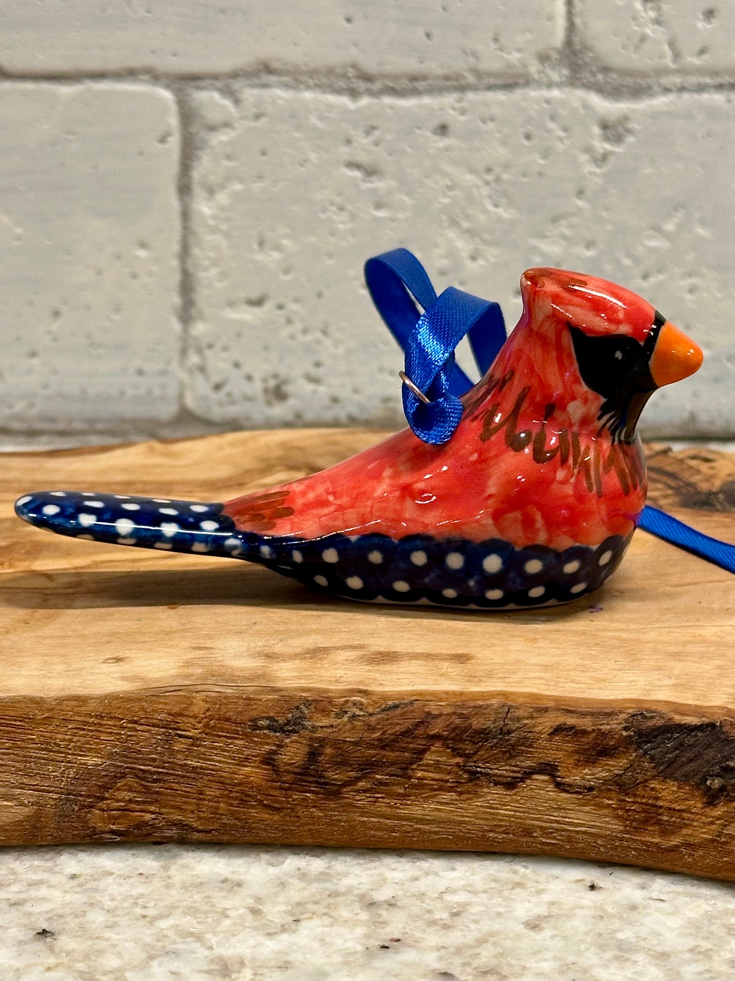 Kalich, Cardinal, Blue Tail with White Polka Dots, Bird Ornament