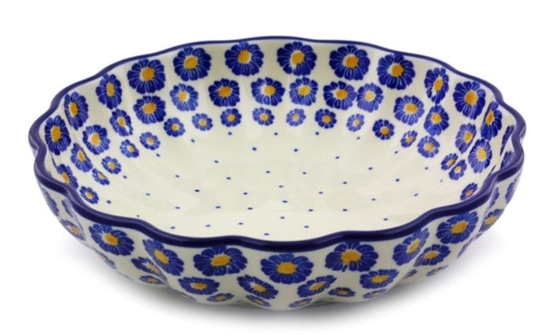 Ceramika Artystyczna, Blue Zinnia, Fluted Bowl. 9.25"