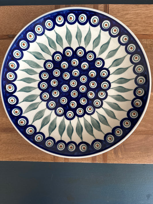 Manufaktura Polish Pottery, Traditional Peacock Leaves, Preowned, 10" Dinner Plate