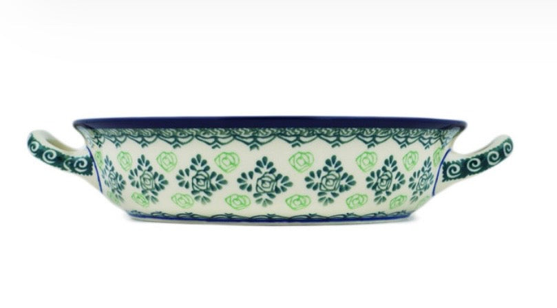 Ceramika Artystyczna, Green Roses, Medium Round Baker with Handles