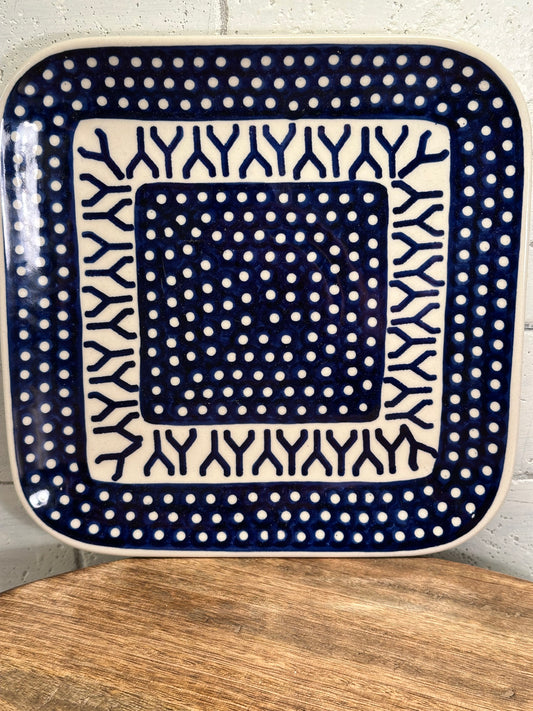 Manufaktura Polish Pottery,Unikat, Artist Gazur, Square Blue with White Polka Dots, Dinner Plate
