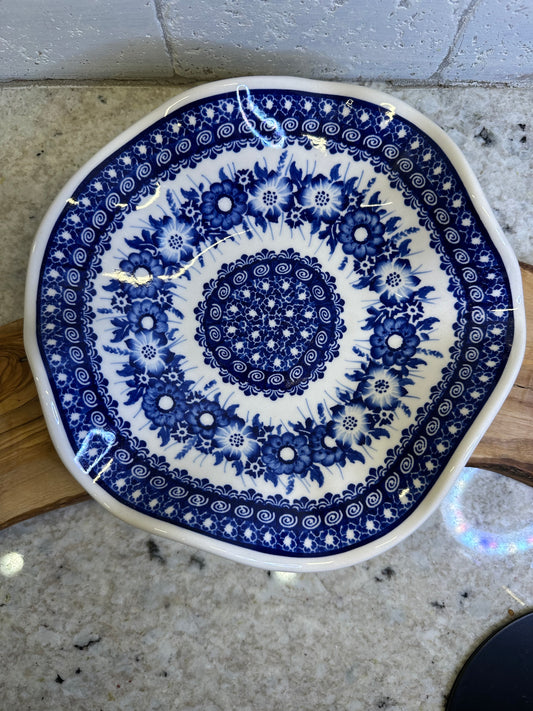 Kaola Studios Polish Pottery, Signatue Unikat, Cobalt Meadow, 9" Wavy Shallow Bowl