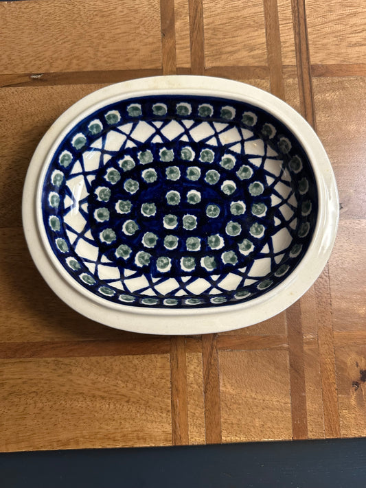 Zaklady Polish Pottery, X Green Dot Oval Dish, 6"