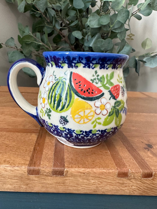 Kalich Polish Pottery, Unikat, Art Level 1, Festive Flowers & Fruits, 12 oz Bubble Mug