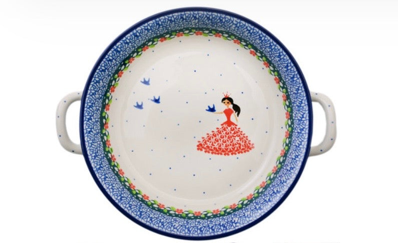 Ceramika Artystyczna, Bird Princess, Medium Round Baker with Handles