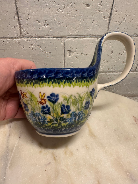 Kalich Polish Pottery, Art Level, Blue Flowers & Bees, Loop Mug/Bowl