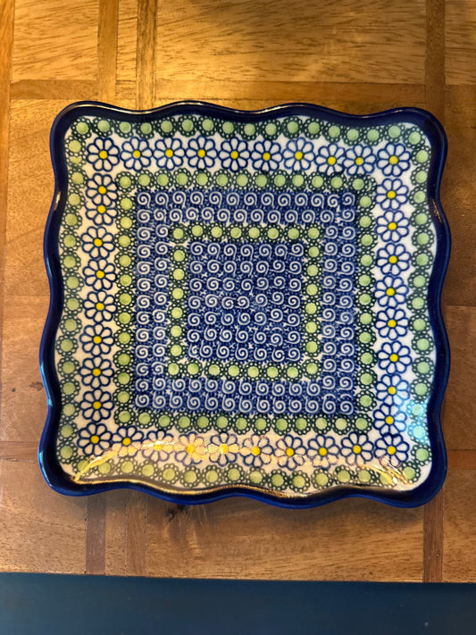 Kalich Polish Pottery, Art Level Blue, Green, Daisy Square Ruffle Cookie Plate