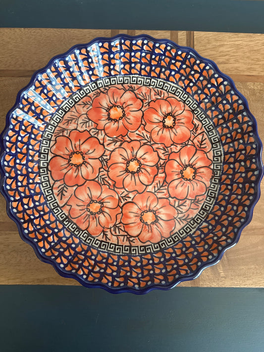 Ceramika Bona Polish Pottery, Signature Unikat, Ruffled Red Poppy Pie Dish