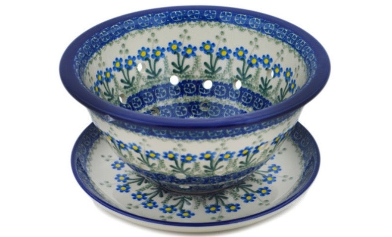 Ceramika Artystyczna, Blue Daisy Circle, Berry Bowl/Colanderl with Plate