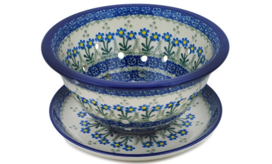 Ceramika Artystyczna, Blue Daisy Circle, Berry Bowl/Colanderl with Plate