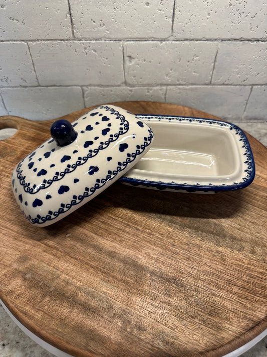 Ceramika Bona Polish Pottery, Blue Hearts Covered Butter Dish