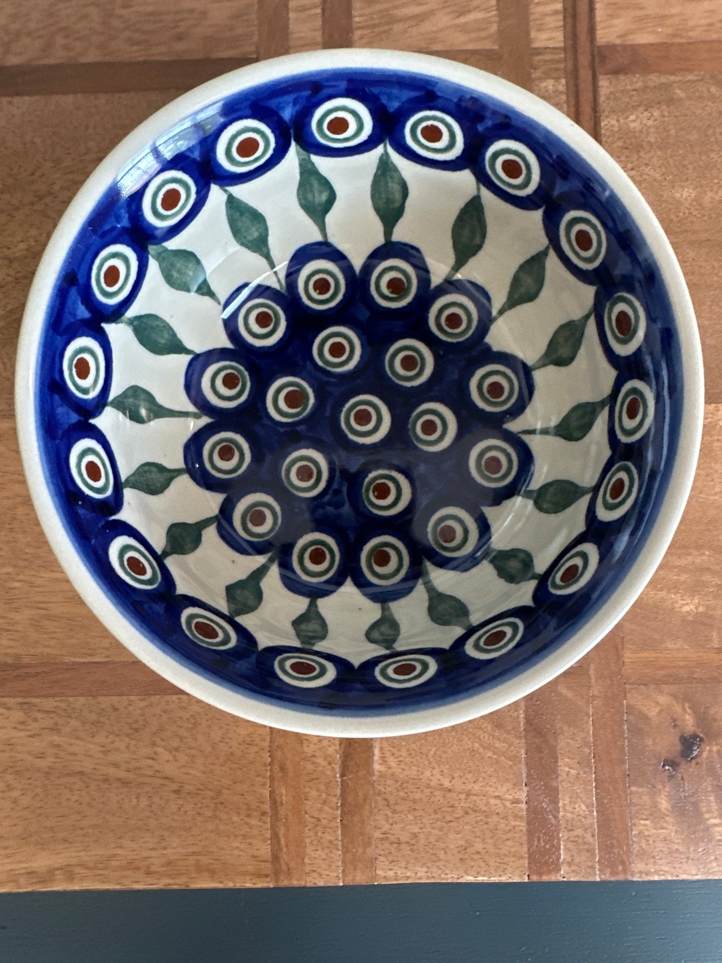 Manufaktura Polish Pottery, Traditional Peacock Leaves, Preowned, 5.5" Ribbed Bowl