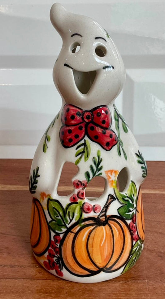 Vena Polish Pottery, Pumpkins with Greenery BOO Ghost Luminary
