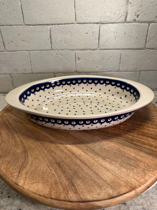 Zaklady Polish Pottery, Traditional Blue Dot, Oval Baker, Preowned