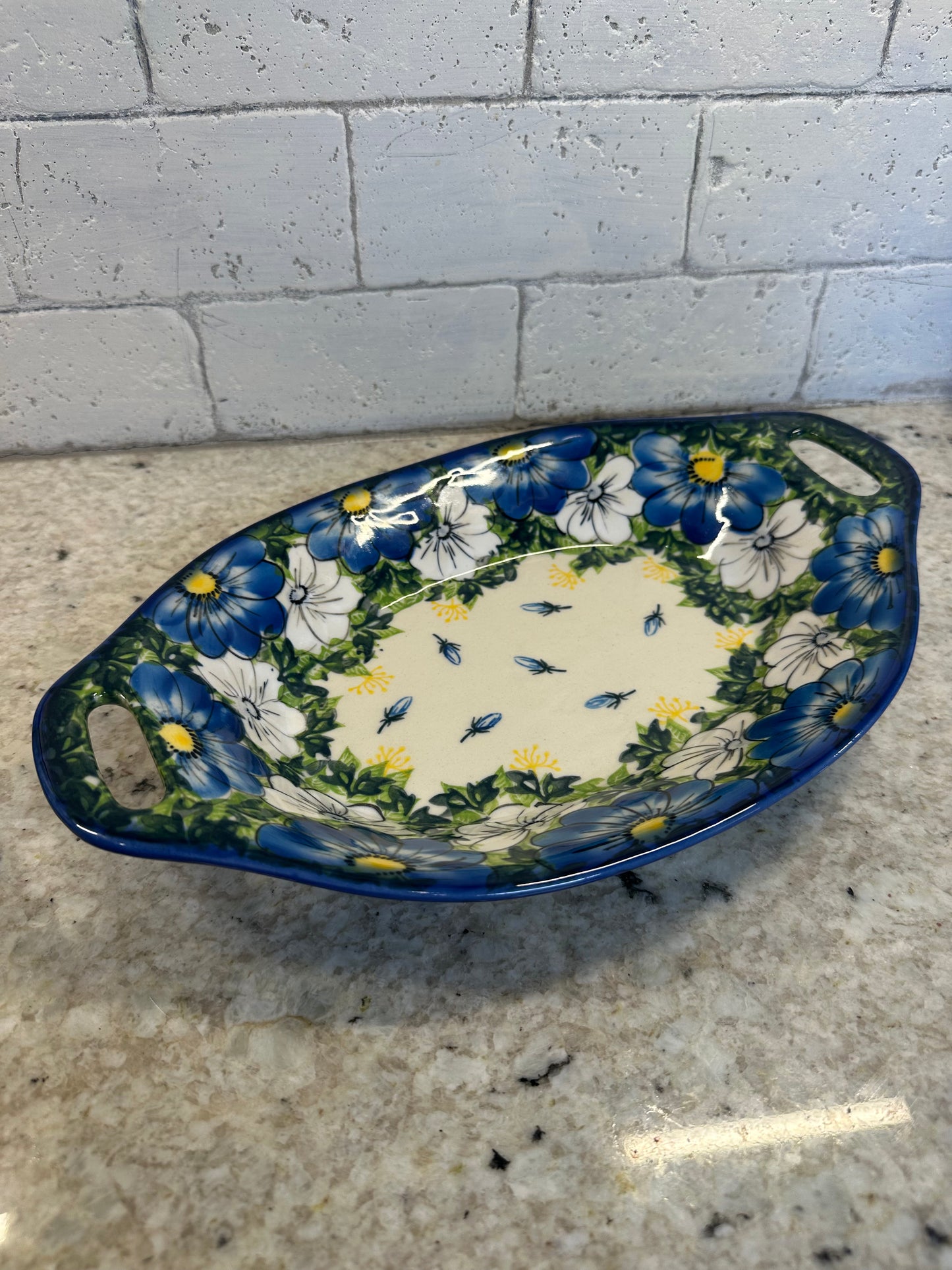 Kalich, Art Level, Blue/White/Yellow Floral, Bread Platter/Bowl with Handles