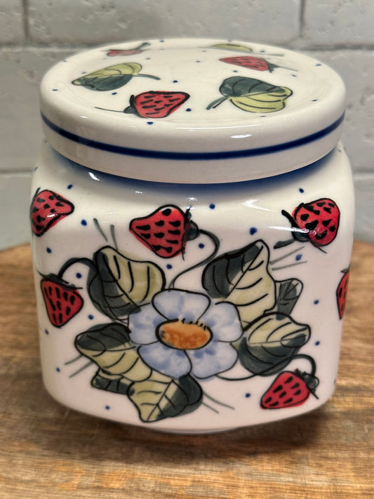W.R. Polish Pottery, Signature Unikat, Strawberry Blossom, Square, Covered Canister