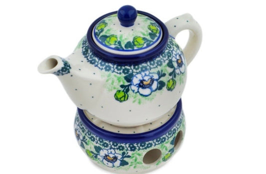 Ceramika Artystyczna, Green Flora, Tea or Coffee Pot with Heater 15 oz
