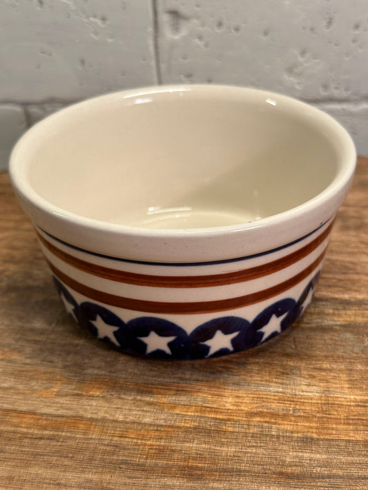 Zaklady Polish Pottery, Red Stripes, White Stars, & Blue Straight Ribbed Bowl, Preowned