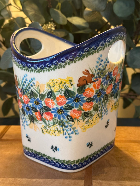 Kalich Polish Pottery, Colorful Summer Bunny Basket/Utensil Holder
