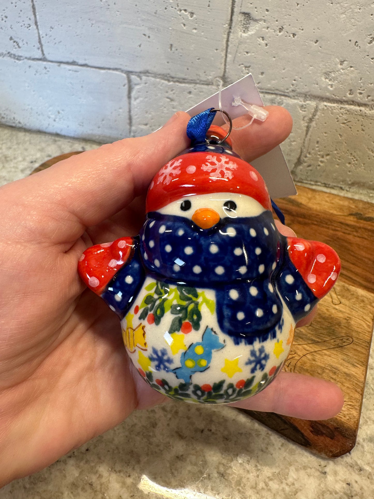Kalich, Red Snowflake Hat, Blue Polka Dot Scarf,  Snowman Ornament