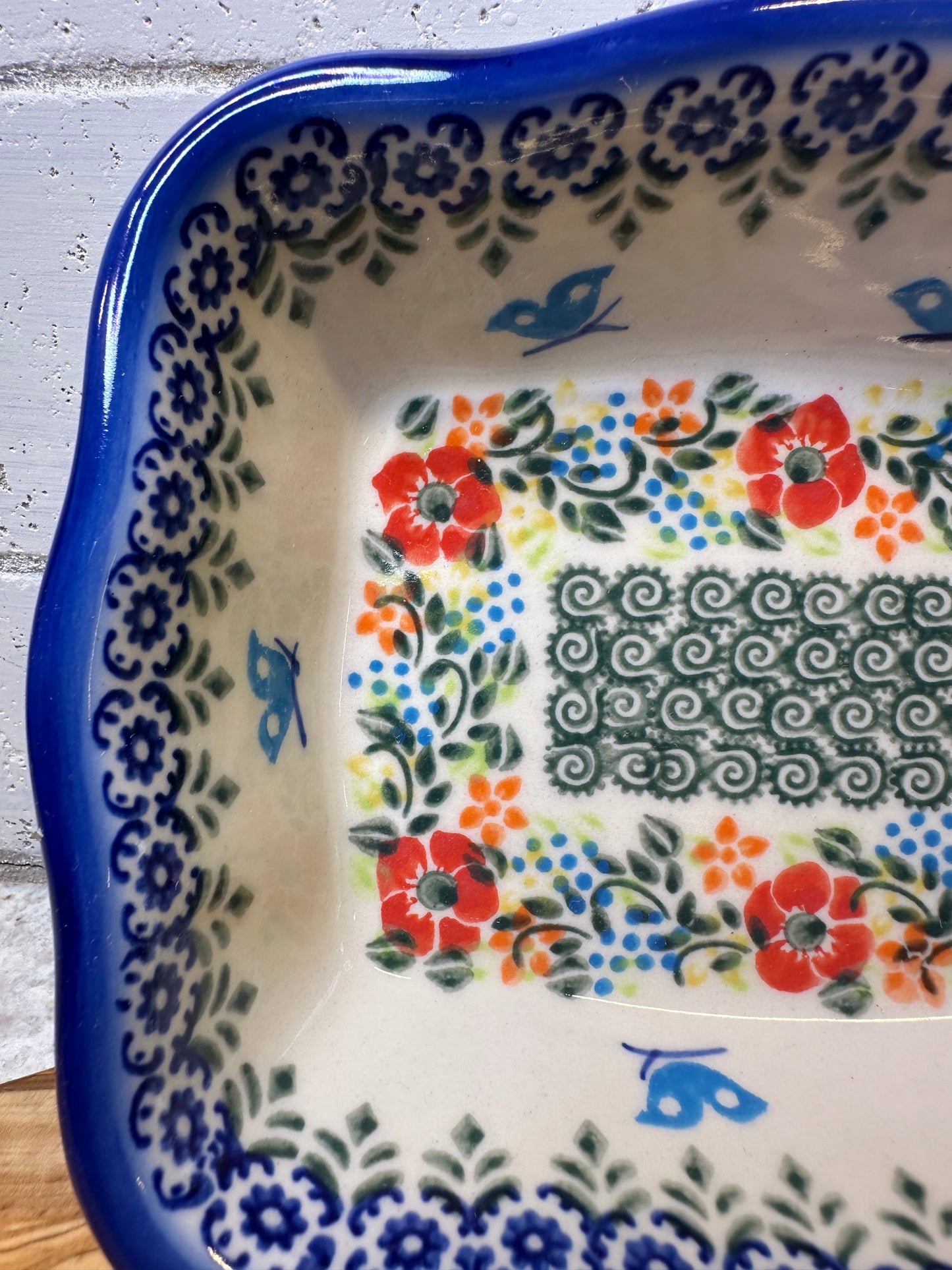 Ceramika Bona Polish Pottery, Unikat Ring Of Meadow Flowers, Rectangular Baker/Serving Dish