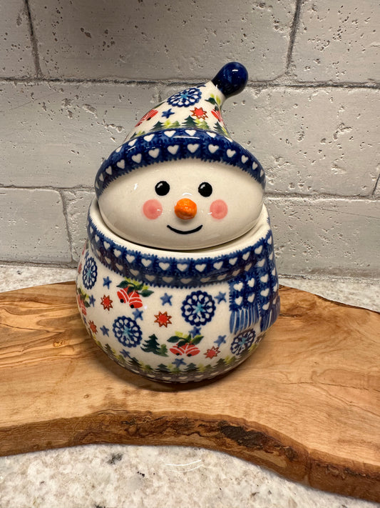 Kalich Polish Pottery, Signature Unikat Art Level, Bells In The Woods, Snowman Container