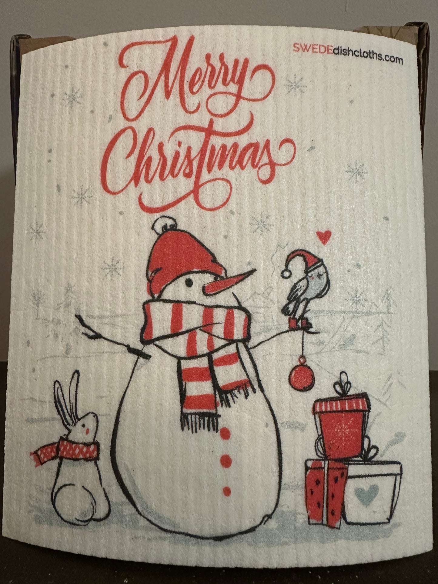 Swedish Dishcloth Christmas Snowman w/Bird