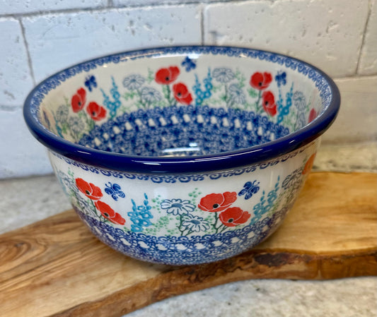 Ceramika Artystyczna, Red Poppies/Butterflies, Medium Mixing Bowl 8"