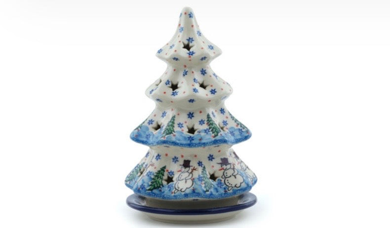 Ceramika Artystyczna, U4661 Dancing Snowman, Luminary Christmas Tree 8"