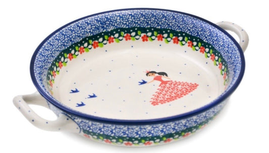 Ceramika Artystyczna, Bird Princess, Medium Round Baker with Handles
